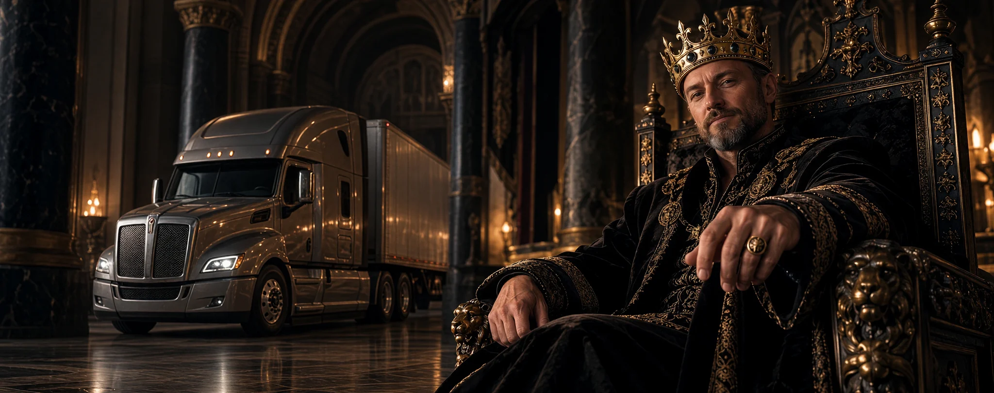 A crowned king on a dark throne, extending a hand adorned with a gold signet ring, with a semi-truck and trailer in the background.